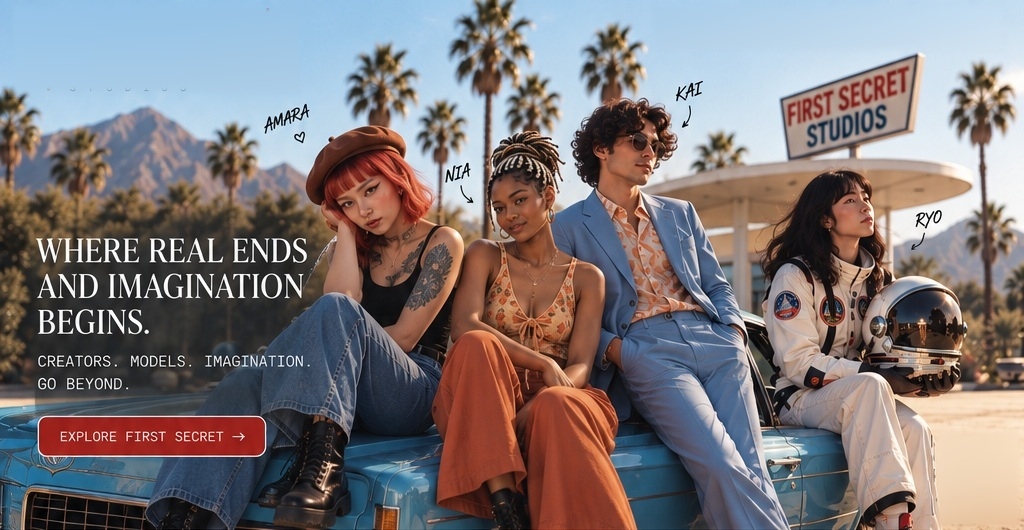 First Secret Studios: Where real ends and imagination begins. Creators. Models. Imagination. Go beyond. AMARA, NIA, KAI and RYO in Palm Springs.